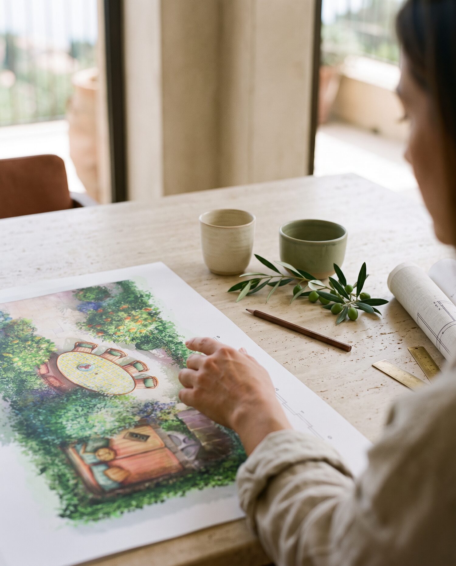 Aquarelle d'un plan de masse sur la table de l'atelier
