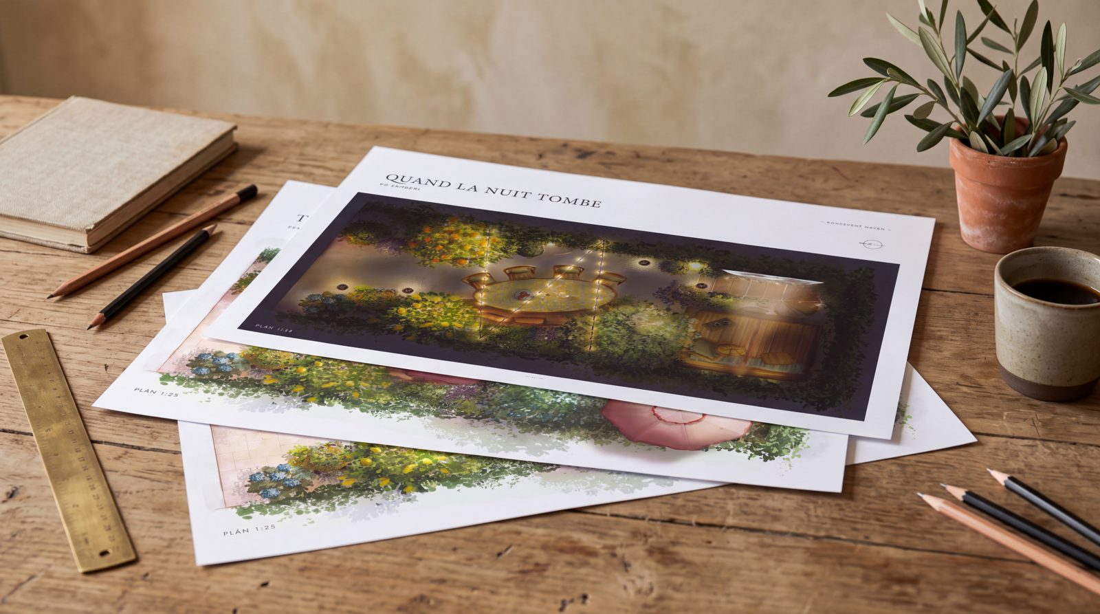 Plan de jardin dessiné à la main, ambiance nocturne