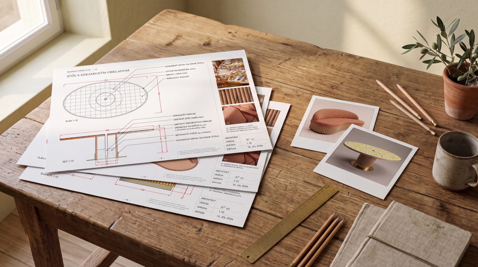 Plans de la table sur mesure à plateau de terrazzo, échantillons de matières