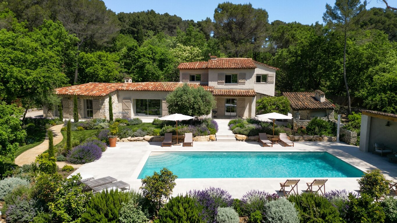 Vue d'ensemble de la maison de pierre et de la piscine, Roquefort-les-Pins